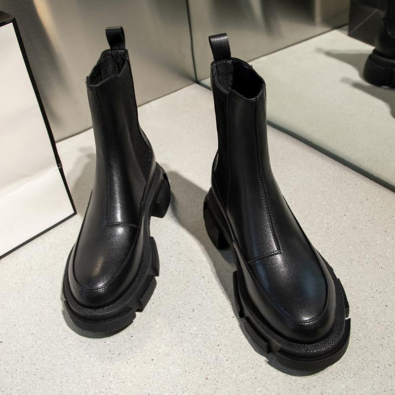 

2021 New Ankle Boots for Women Thick Bottom Round Toe Genuine Leather Boots Black White All-match Botas Feminina platform shoes