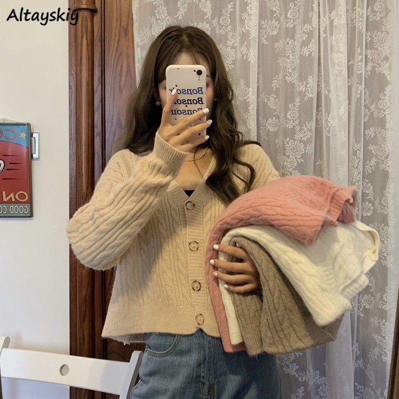 

Cropped Cardigan Women Chic Casual Lovely BF Daily Spring Knitted V-Neck Button Solid Female Clothes Single Breasted Sweaters, Pink
