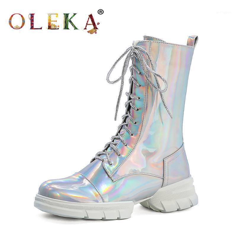 

OLEKA New Winter Sexy Boots Mid-calf Platform Light Sexy Boots Mature Style Punk Round Toe AS4701, Black