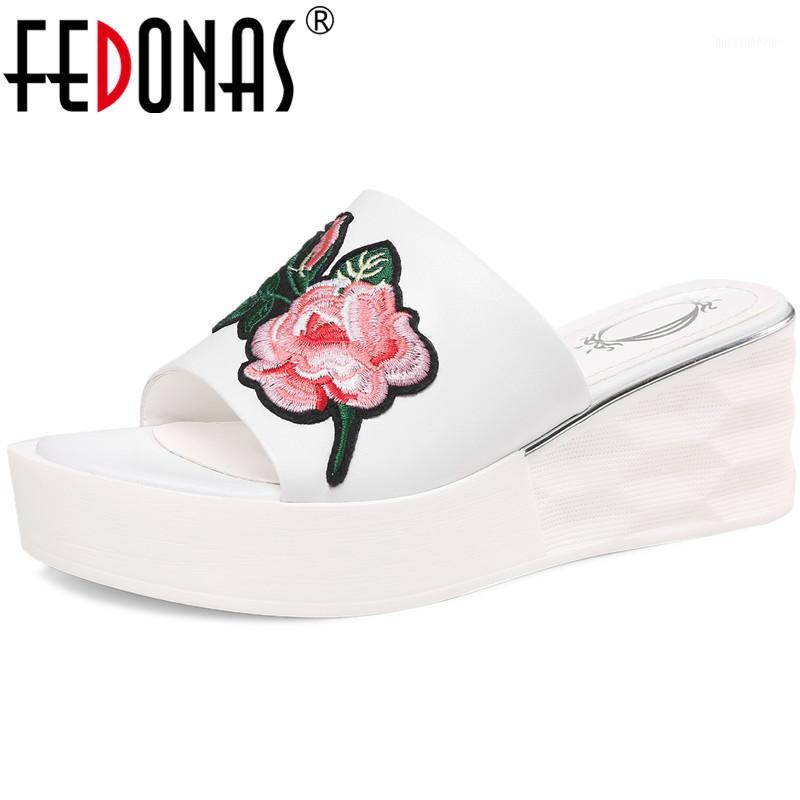 

FEDONAS Elegant Embroider Wedged Platforms High Heels Sandals For Women Genuine Leather Female Slippers Casual Basic Shoes Woman1, Black
