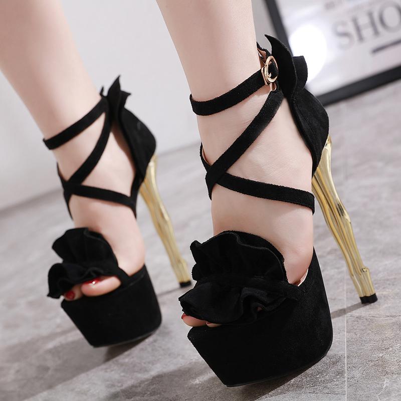 

Sandalha Feminina Sexy Cross Strappy Heels Sandals Black Suede High Heels Women Gladiator Sandals Strange Heel Flower Shoes