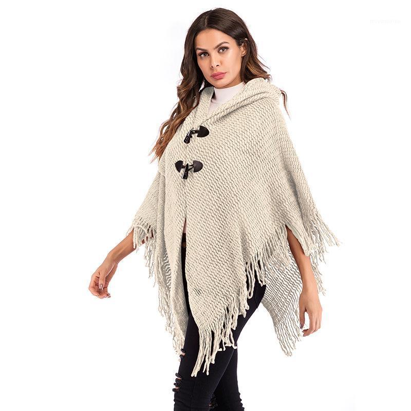 

2020 Autumn And Winter New Women Tassel Horn Buckle Loose Sweater Female Hooded Bat Sleeve Shawl Coat1