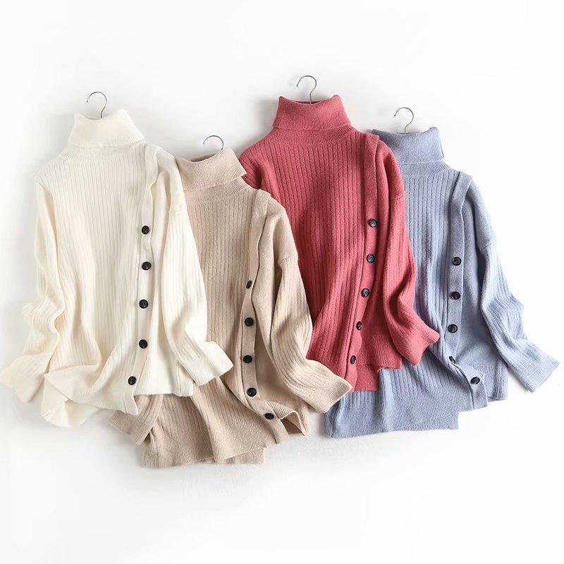 

Lazy Wind Turtleneck Long-sleeved Sweater Female Side Buttons Irregular Solid Knitted Bottoming Pullover Jumpers Women Spring, Blue