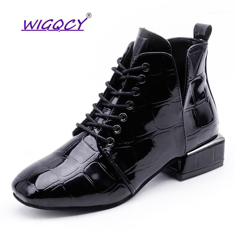 

New Ankle Boots Women Shoes Woman Square Toe Solid Black Leather Low Heels Women Boots Fashion Lace Up Short Plush Winter1, Black no cotton