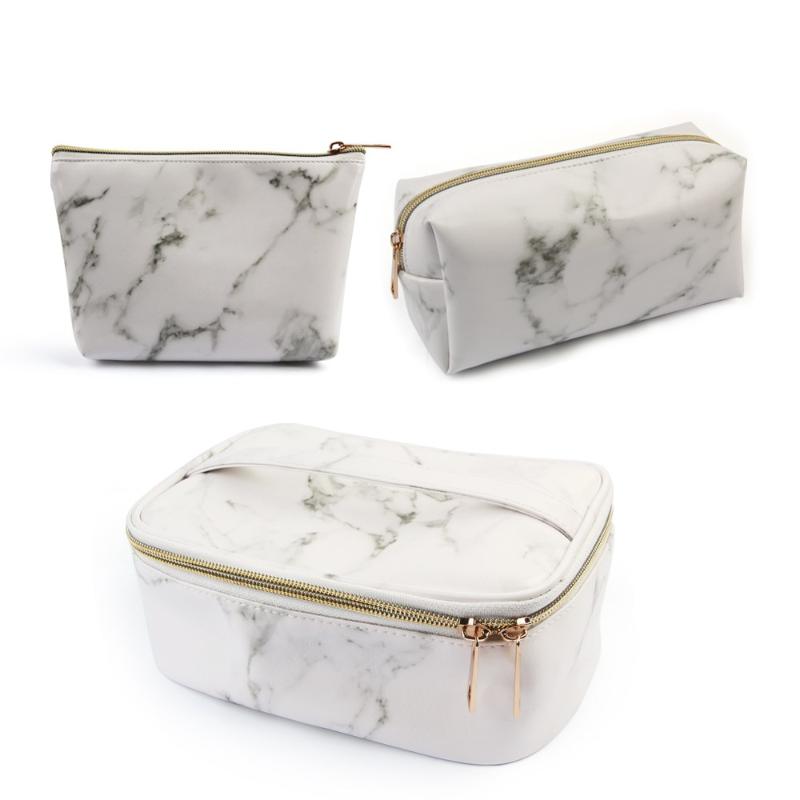 

3 Pieces Cosmetic Bags Portable Marbling Print Storage Bags PU Leather Makeup For Women Girl, As picture
