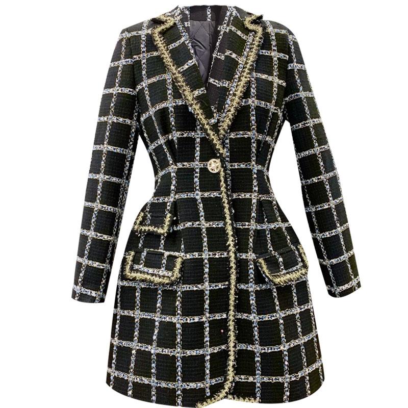 

New arrival Fashion Elegant Women small fragrance Plaid blazer women Slim Long Tweed Woolen Outerwear, Black