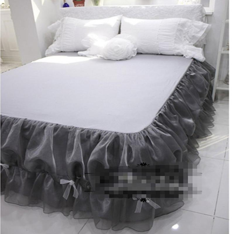 

Free shipping princess retro European girl bow yarn 100%cotton bed skirt ruffles gray bedspread 45cm height bed apron YW, As pic