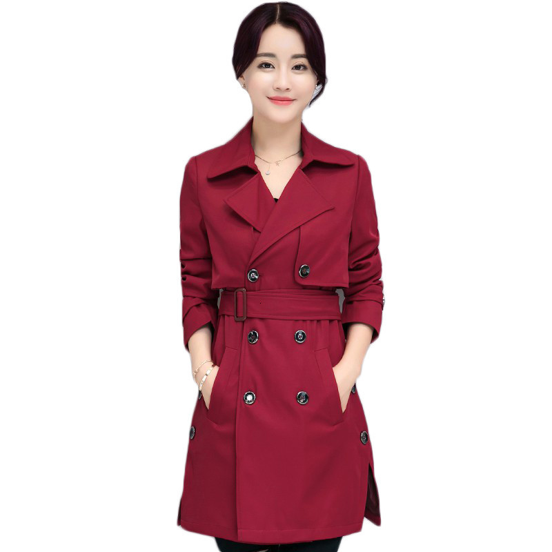 

2021 New Trench female coat red cashew wine M-4XL plus size spring new Korean fall thin double breasted long-winded jacket belt sf066, L916 black