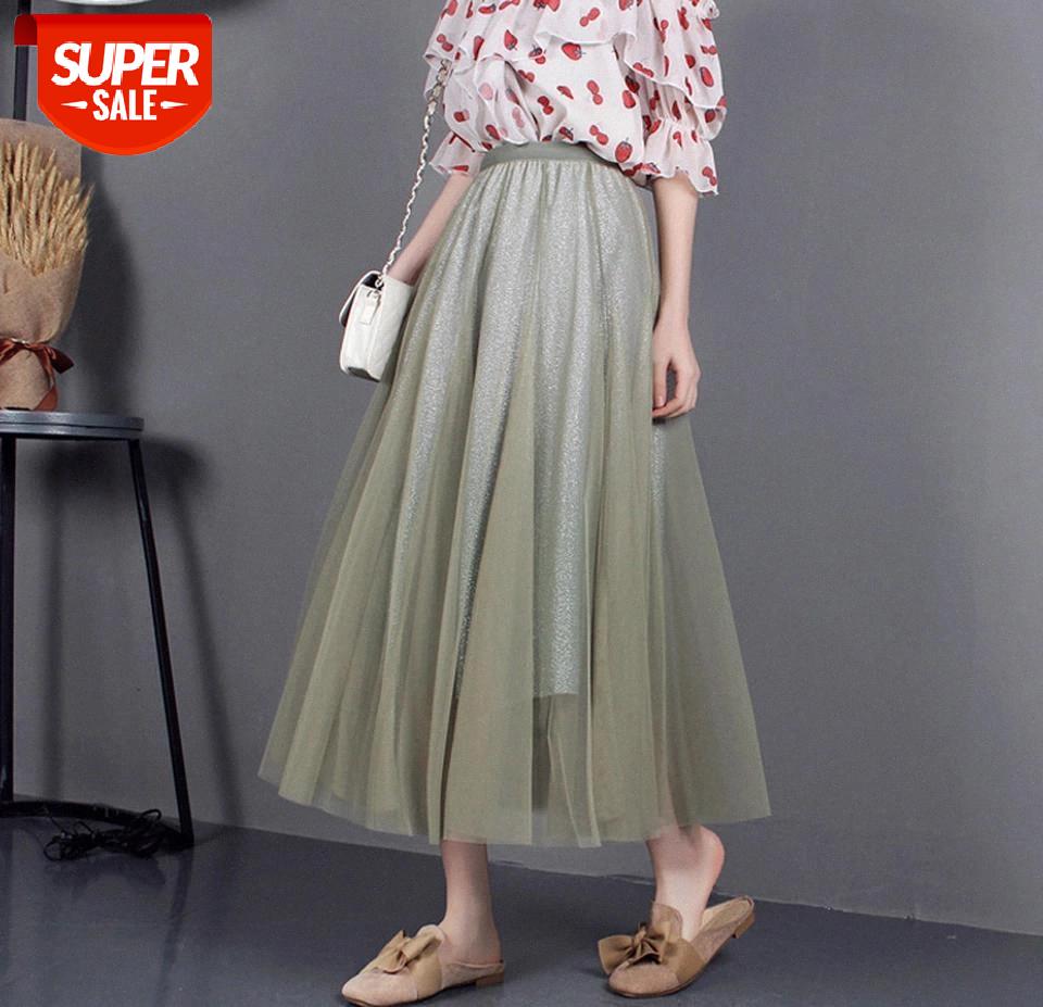 

Women's Fashion Gradient Color Sweet Skirt Trendy Wild Mesh Yarn Stitching High-waist A-line Mid-length Skirt for Streetwear #tD96, White;black