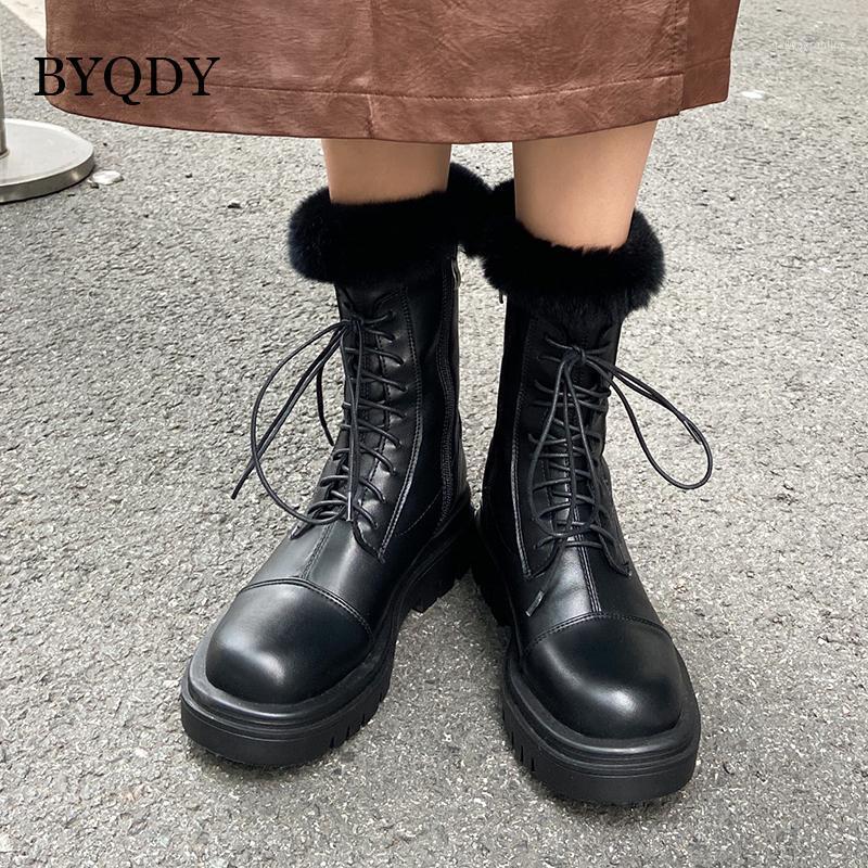 

BYQDY Winter Snow Warm Fur Lining Real Fur Trim Real Leather Mid-Calf Boots Thick Heels Black Boots Round Toes Plus 41-431, Black shoes