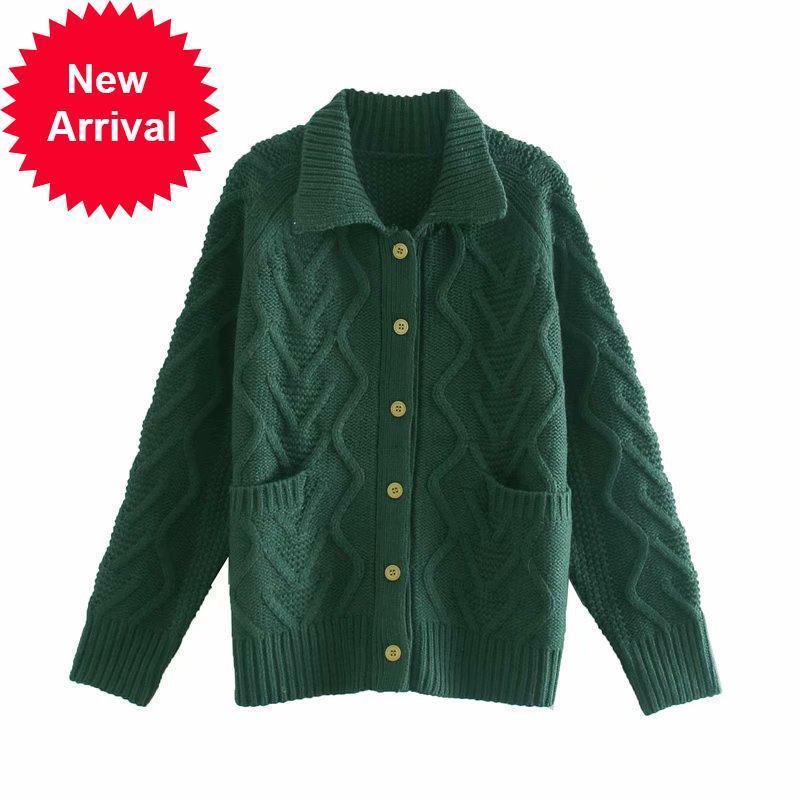 

New European 2021 Autumn New Female Design Torsion Twisted Lapel Knitted Cardigan Women's Sweater Top 15CS, Green