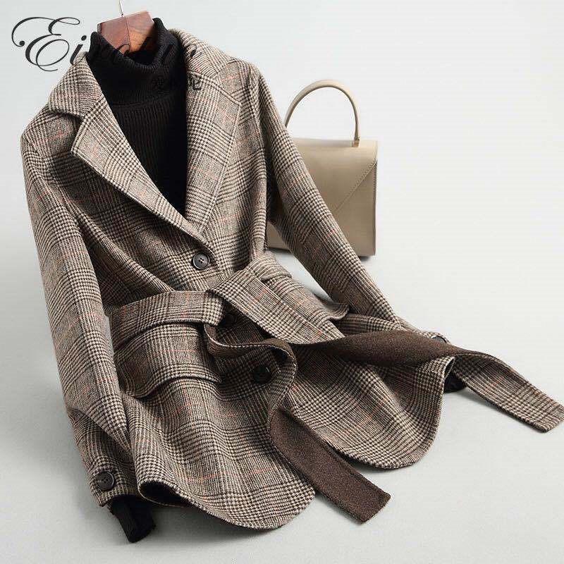 

Retro 2020 Winter New Woolen Clothes Women Coat Plaid Blazer Jacket Outerwear Female Mid-Length Fashionable Autumn Workwear y9151, Brown plaid