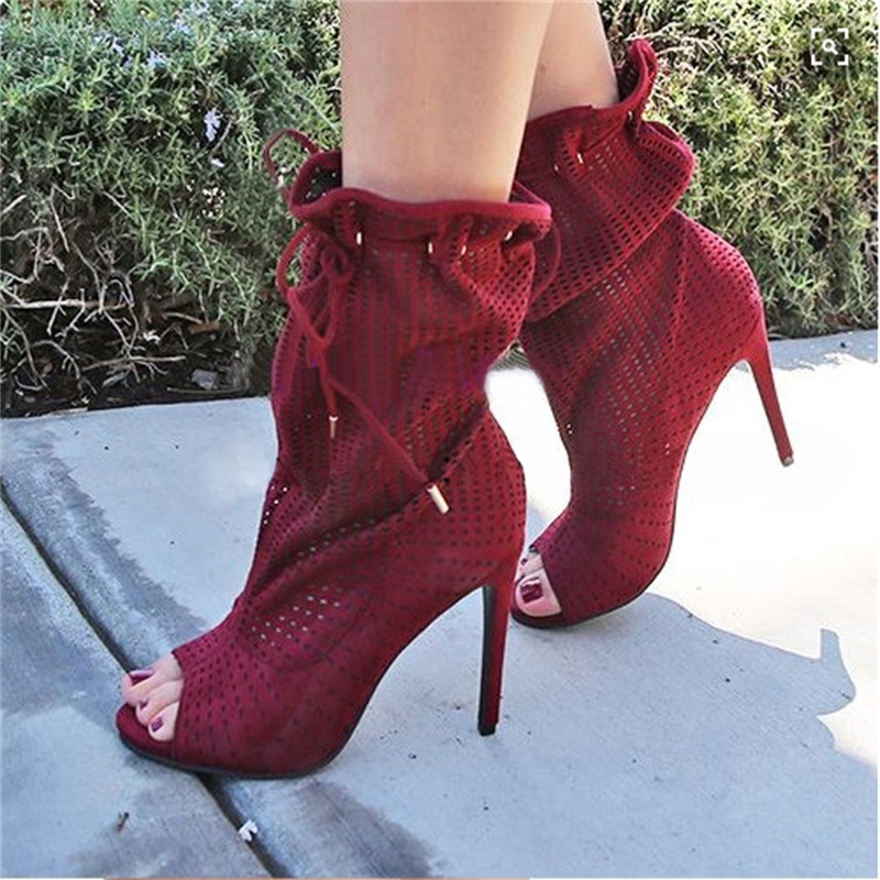 

Leather Shoes Autumn From the False Bed Dress Sexy Peep Toe Mujer Cut-outs High Leap Lace Up Ankle Boots New Arrival Fxml, As pic