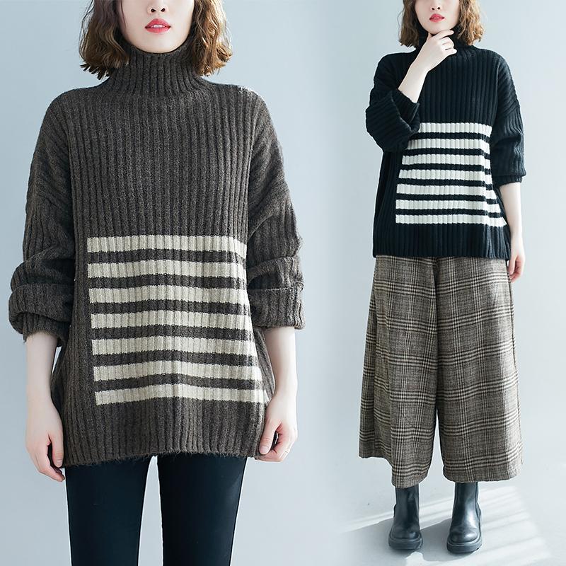 

NYFS Korean Turtleneck Woman Sweater Winter Clothing 2021 New Loose Horizontal stripes Keep warm Knit Sweaters, Black