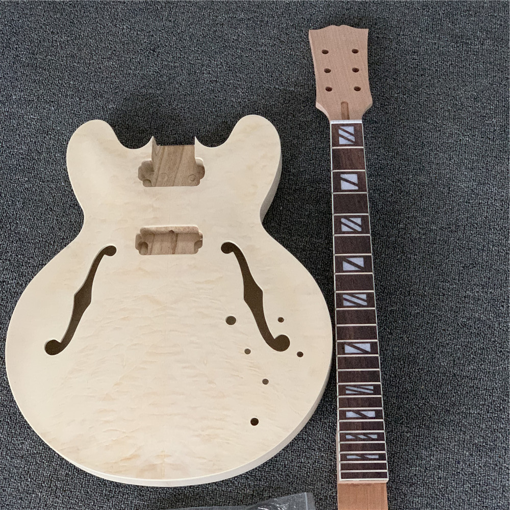 

In Stock Unfinished Jazz Electric Guitar Kit w/ F holes w/ Quilted Maple Top, semi hollow body, DIY guitar, Without guitar parts