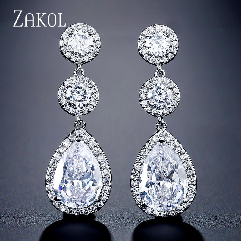

ZAKOL Classic Teardrop Cubic Zirconia Long Dangle Earrings for Women Bridal Wedding Dinner Party Jewelry FSEP2316