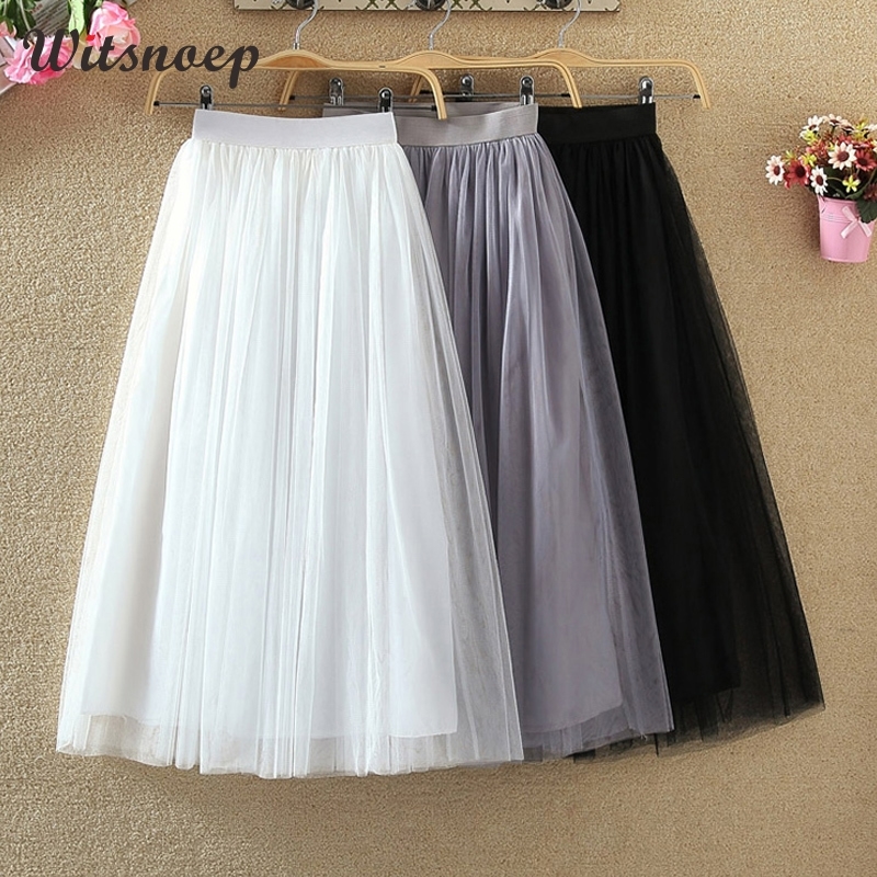 

Witsnoep 3 Layers Tulle Skirts Women Autumn Long Maxi Skirt Female Elastic High Waist Pleated Tutu Skirt Black Gray White Y200326