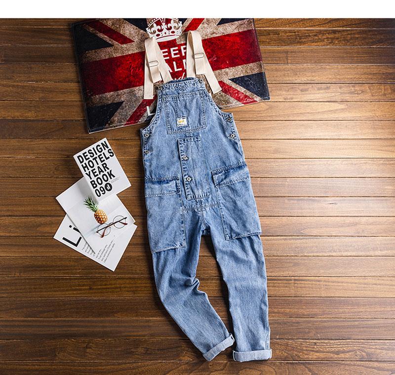 

Light blue loose men' straight denim bib overalls hip-hop big pocket overalls casual pants clothing