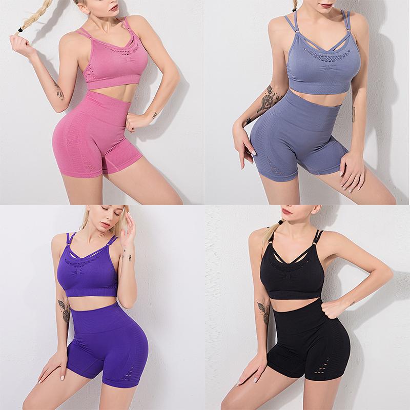 

Women Seamless yoga set Fitness Sports Suits GYM Cloth Yoga sleeveless Bras High Waist Running Leggings Workout Short Pants, Pink summer suit