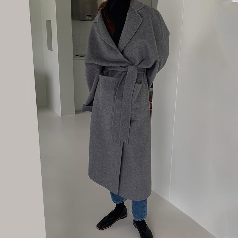

Lamtrip Quality 2020 Winter Woolen Overcoat Double Breasted Classic Long Coat Women Sashes Female Loose Outwear Manteau Femme, Black