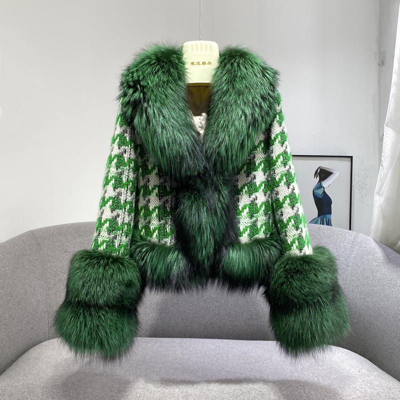 

Green Ladies Autumn Houndstooth Coat with Natural Fox Skin Fluff Fists and Hem Outerwear Female Woolen Jacket 7096, Orange