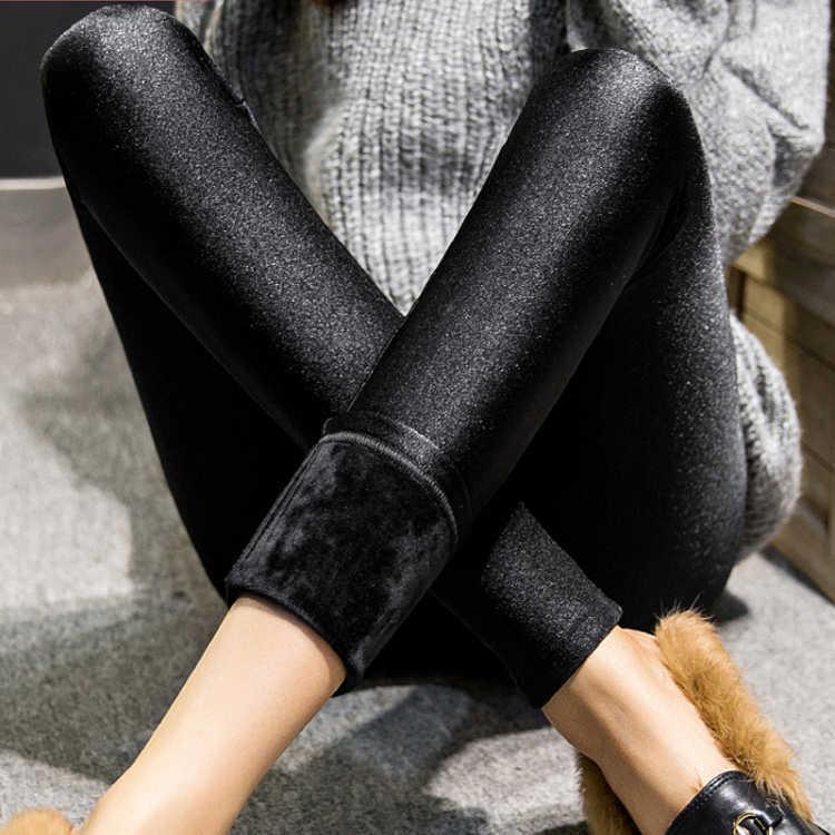 

Autumn Winter Women's Thick Leggings Outside Wear Pants Girl's Thicker Plus Cashmere Warm Plus Size Black Shiny Skinny Trousers