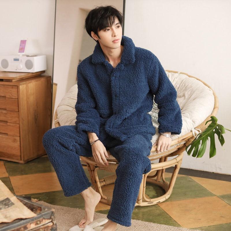 

Winter Thick Coral Fleece Pajama Sets For Man 3XL Plus Size Male Flannel Warm Sleepwear 2 Piece/Set Long Sleeve Home Clothing, Color1
