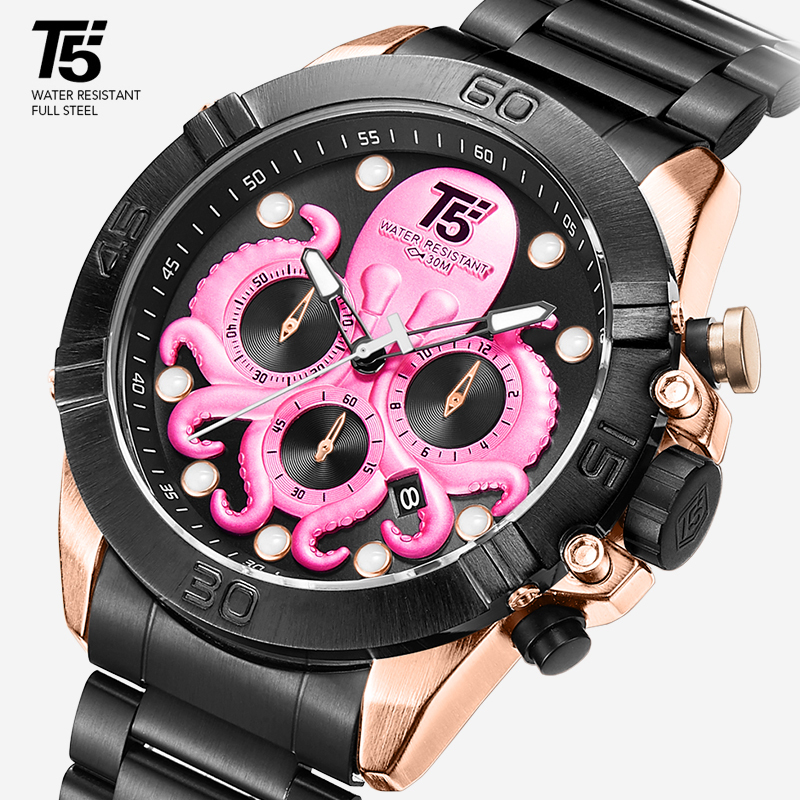 

T5 - luxury men's sports watch, quartz timer, waterproof, pink, gold and black