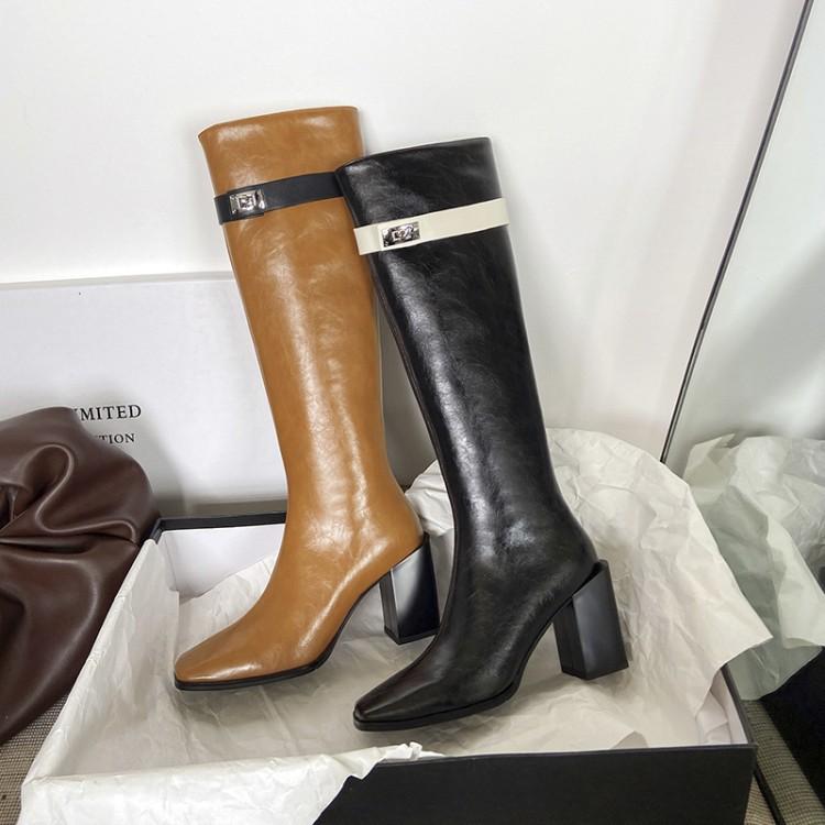 

Bright2021 Autumn / Winter Fashion Thi Women's Belt Bule High Heel Straight Tube Knight Boots Square Head Color Matching, Black