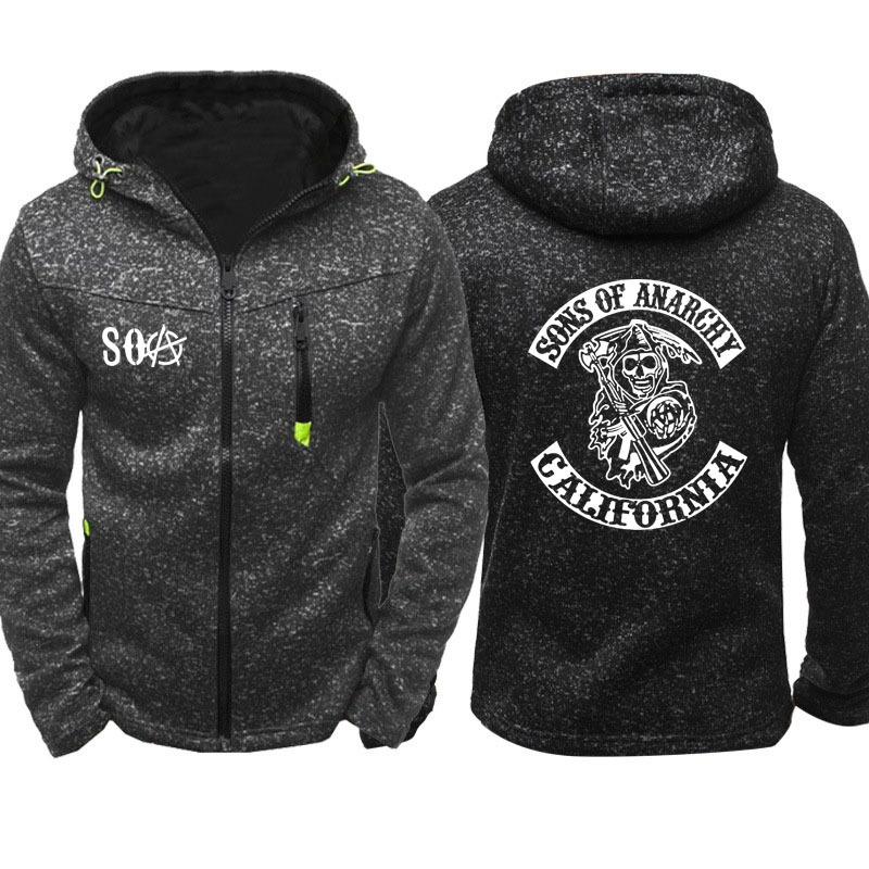 

SOA Sons of anarchy the child Fashion SAMCRO Men Sportswear Zipper Hoodies Skull Male Casual Sweatshirt Fleece HipHop Warm Hoody C1118, Black