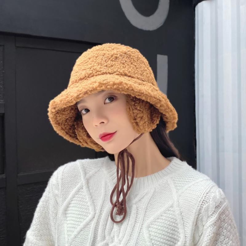 

Women Autumn Winter Warm Ear Protector Lamb Velvet Bucket Hat Female Girls Fisherman Cap Casual Lovely Plush Hat With Earmuffs, Black