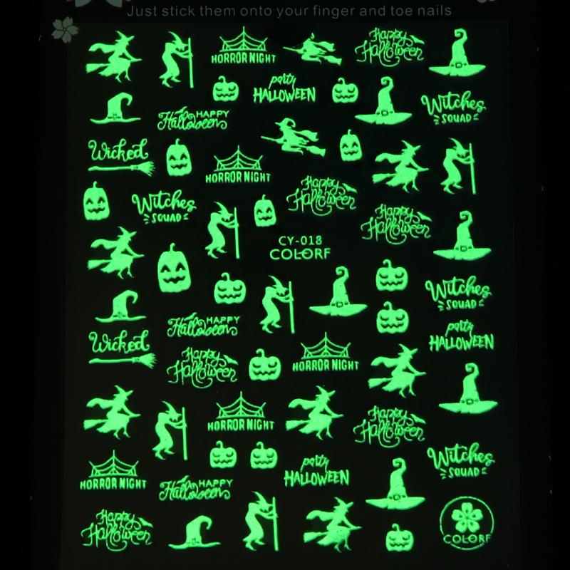 

1 PC Halloween Nail Sticker Bat Witch Art Designs Glow In The Dark Decals Water Transfer Slider Nails Foil Manicure Decorations, Ygtz-2