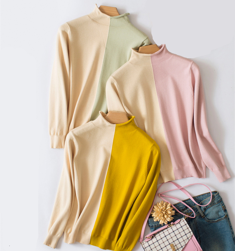 

2021 New Fashion Contrast Patchwork Turtleneck Pullover Cashmere Sweater Women Streetwear Truien Dames Sweter Jumper Pull Femme W8d5, Pink