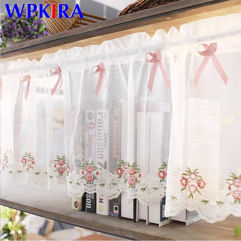 

American Country Nordic Lace Small Curtain Gauze Half-Curtain Embroiderd Kitchen Cafe Short Panel Dust Curtain Home Yarn SQ015D3, Pink bow-knot tulle