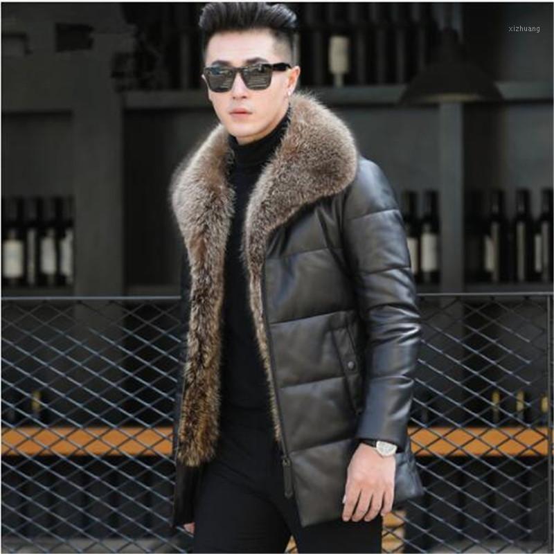 

Men's Leather & Faux 90% Duck Down Jacket Men Genuine Sheepskin Leahter Jackets Warm Winter Mens Real Raccoon Fur Collar Coats MY7621