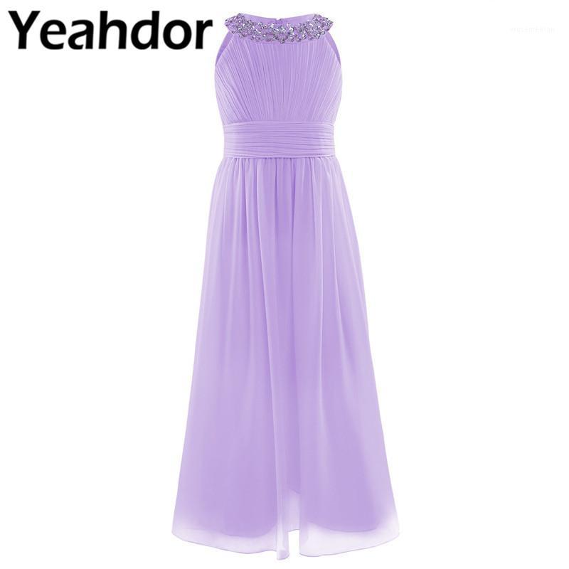 

Floor Length Chiffon Flower Girls Dress Pleated High-waist Sleeveless Sequins Beads Princess Dress Party Vestidos for Kids Girls1, Purple