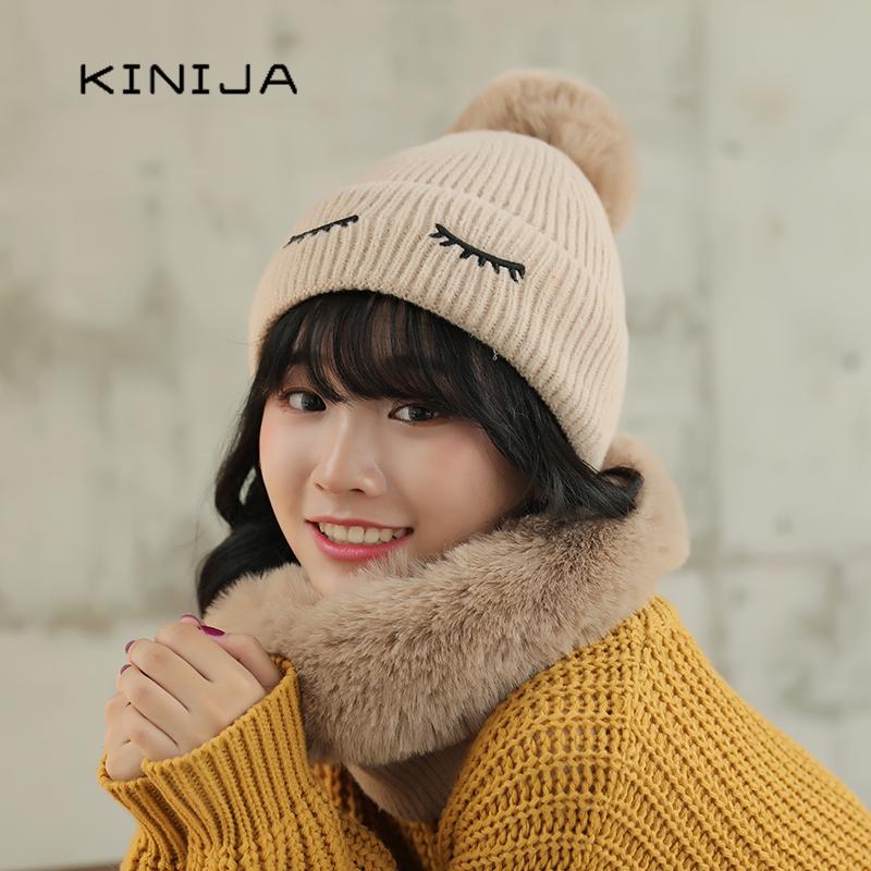 

Winter thick knit wool fur pom pom cap balaclava fall hat for women 2020 girl ski neck warm skullies bonnet hat scarf set, White