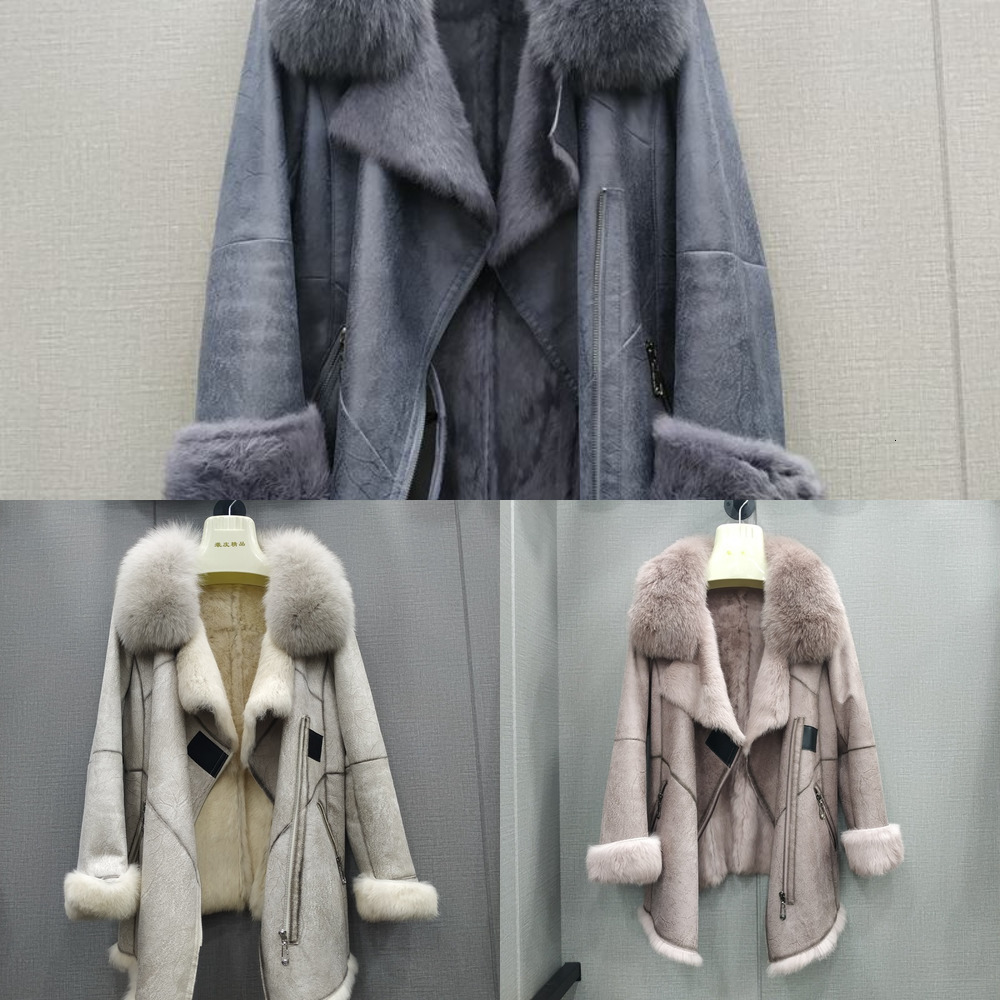 

Luxury 2020 New Natural Leather Women's Jacket Genuine Rabbit Skin and with Real Fox Fur Collar Female Winter Coats SGDB, Light blue