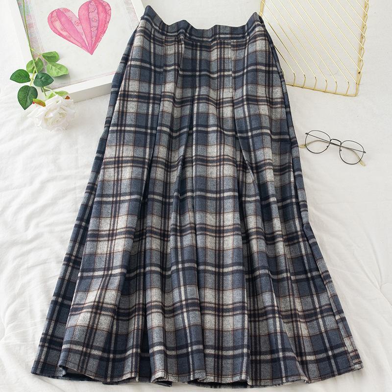 

2020 Autumn& Winter New women High Waist Slim Retro Plaid Woolen Pleated Skirt Casual All-match A-line Long Skirt Free Shipping, Blue