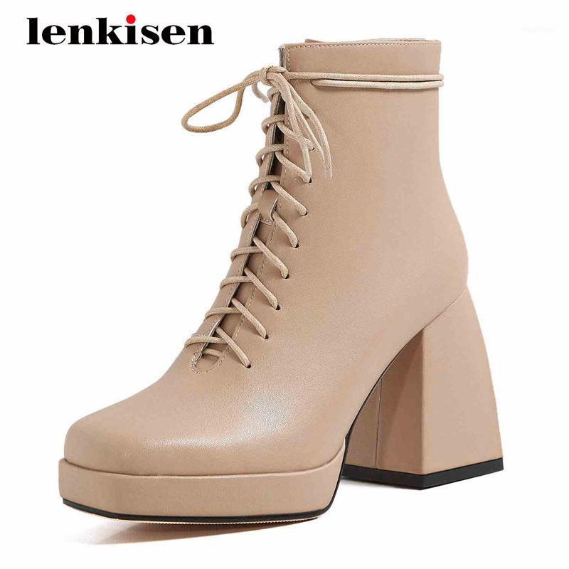 

Lenkisen fashion boots genuine leather streetwear platform square toe super high heel lace up nightclub mature ankle boots L811, Black