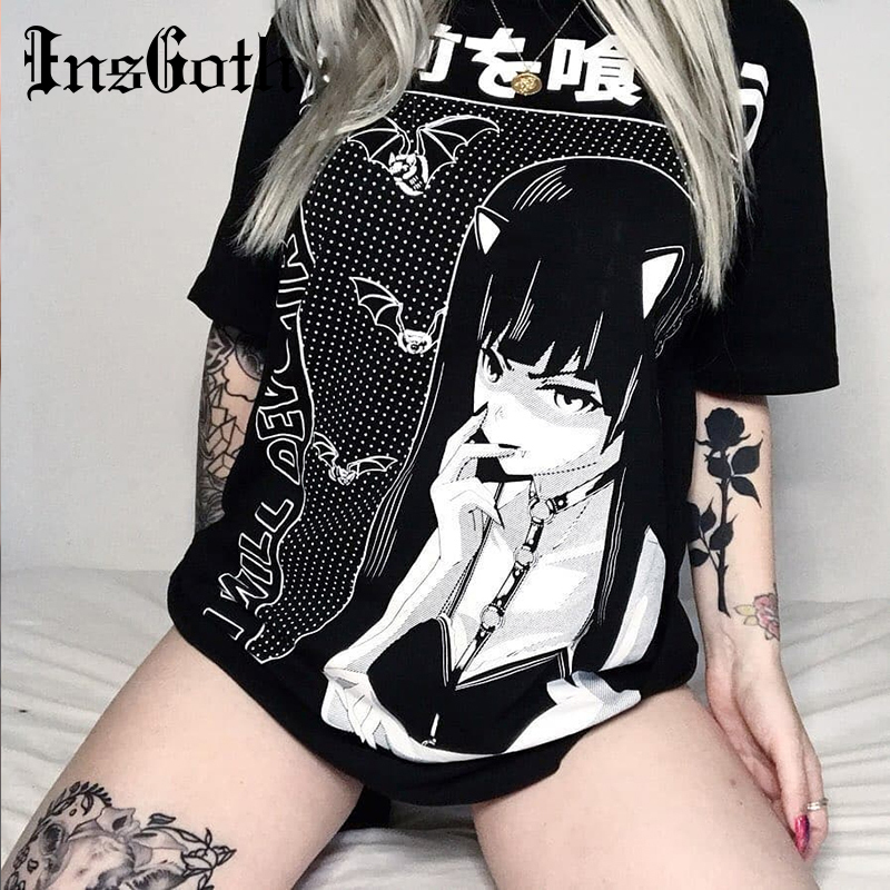 

InsGoth Harajuku Loose Long T-shirts Women Gothic Streetwear Oversize Black T-shirts Grunge Printed Fashion Female Vintage Tops Y200109
