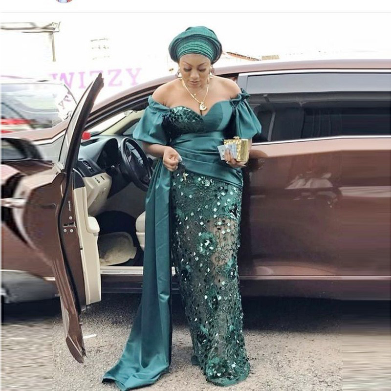 

Plus Size Mermaid Evening Dresses Off the Shoulder Aso Ebi Prom Party Gowns Short Sleeves African robes de cocktail, Dark green