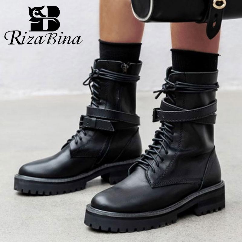 

RIZABINA New Women Knee High Boots Genuine Leather Motorcycle Boots Cross Strap Buckle Round Toe Women Footwear Size 34-40, Black