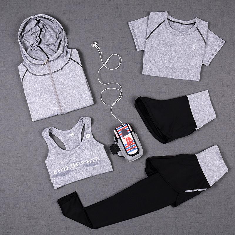 

Quick Dry sportswear Gym Leggings Female T-shirt Costume Fitness Tights Sport Suit Green Top Yoga Set Women' Tracksuit, Purple red 5pcs set