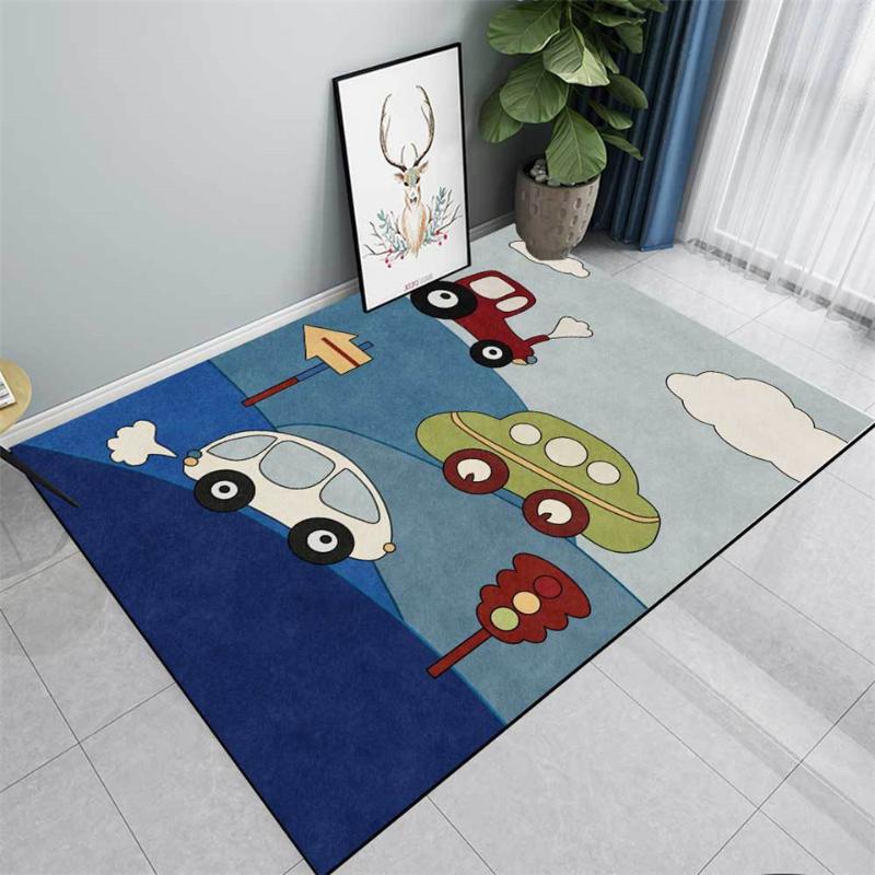 

Modern Cartoon Cute Blue Car Rug for Children's Room Bedside Mat for Boys Bedroom Anti-slip Machine Washable Play Mat Baby Room, As picture