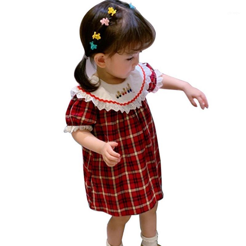 

Toddler Kids Girls Vintage Plaid Dress Lace Patchwork Ruffle Neck Cartoon Princess Dresses Short Sleeve Smock Dress1