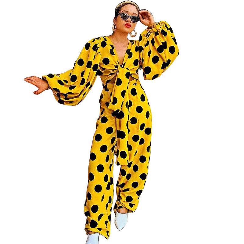 

Sexy Polka Dot Print Two Piece Sets Women V Neck Bow Tie Long Sleeve Top and Loose Wide Leg Pants Casual Matching Set Outfits, Yellow