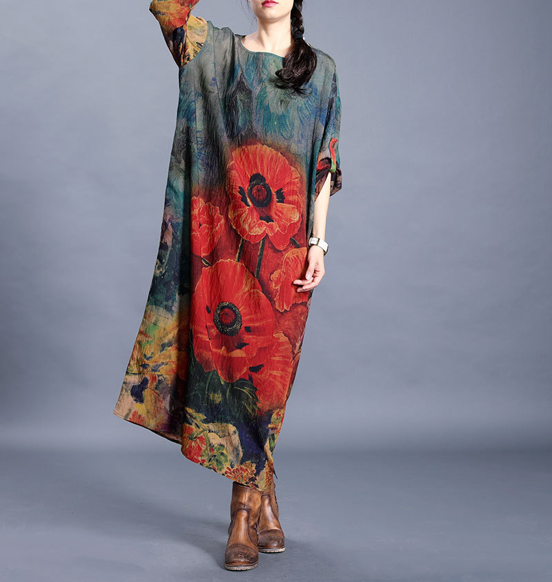 

Summer Style Ethno Retro Women of Big Round Neck Wandering From a Vintage Bat Roll Dress Wz2n, Orange