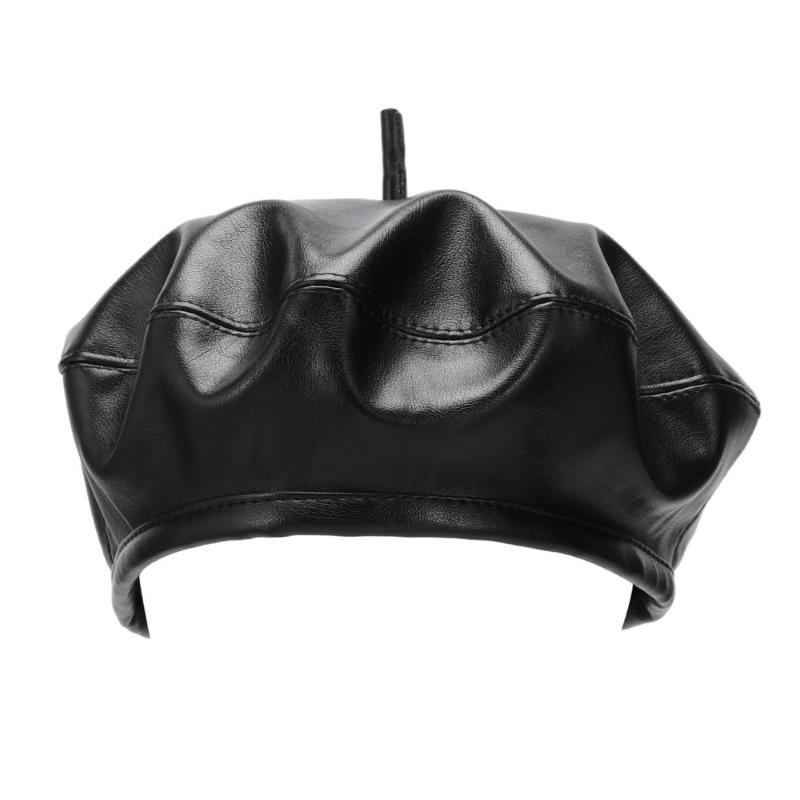 

Fashion Women Beret Faux Leather Beret Hat Women Cap Female Ladies Beanie Girls For Spring And Autumn, Black