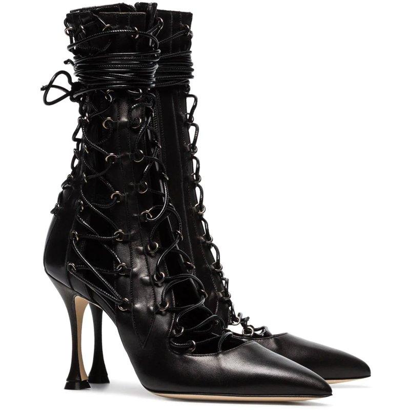 

New Pointed Toe Cross Tied Sandal Women Black Leather Zip High Heels Shoes Women Spring Summer Ladies Shoes Sandalias Taco Chino, Black 9cm